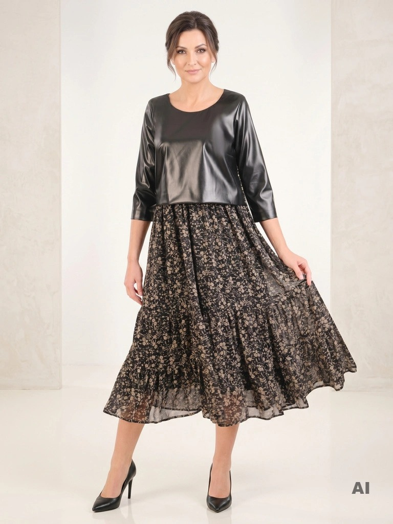 Elegancka sukienka rozkloszowana w kwiaty – kobiecy fason midi z rękawem 3/4 31637