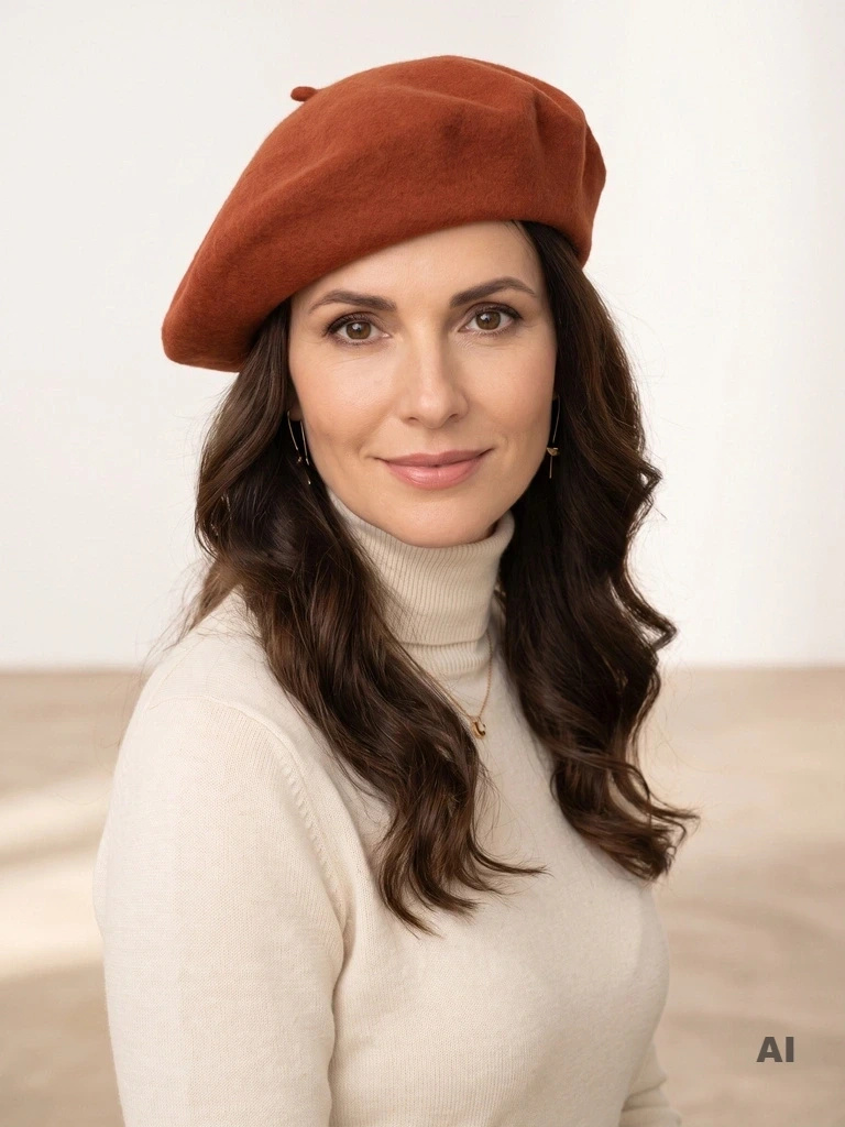 Elegancki beret damski wełniany w odcieniu rudym – modny fason francuski z antenką 40886