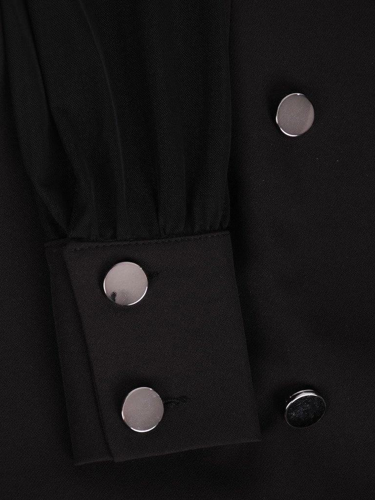 Elegancka czarna sukienka żakietowa midi – prześwitujące rękawy i wyszczuplające zaszewki 17914