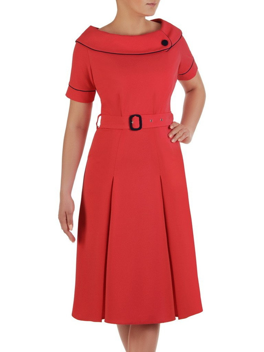 Sukienka damska, koralowa, rozkloszowana kreacja z eleganckim kołnierzem w klasycznym stylu 20568