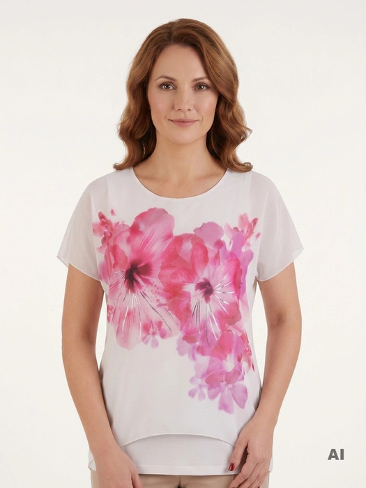Elegancka bluzka wizytowa w kwiaty o prostym kroju – wiskozowy model tuszujący niedoskonałości 10358