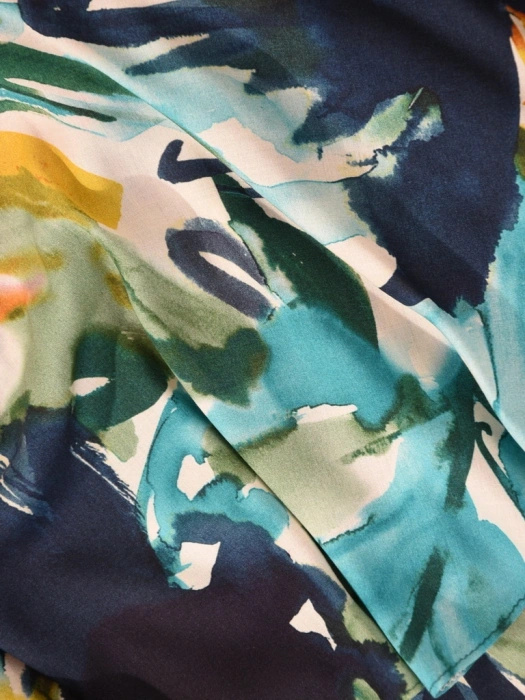 Wzorzysta sukienka trapezowa midi z dekoltem łódka – pasek zaznaczający talię i ozdobny rękaw 41421
