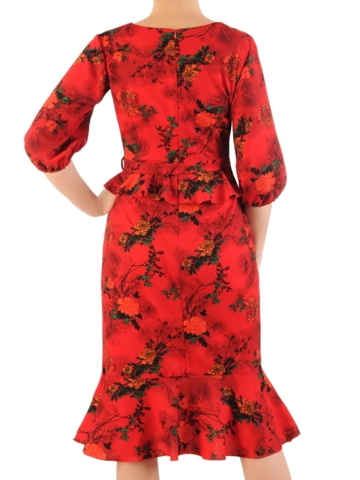 Czerwona sukienka wizytowa ołówkowa w kwiaty – kobiecy fason syrenki modelujący sylwetkę 34291