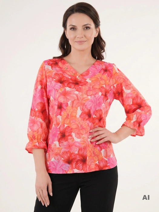 Elegancka czerwona bluzka damska w kwiaty o prostym kroju – stylowy model z dekoltem w serek 35754