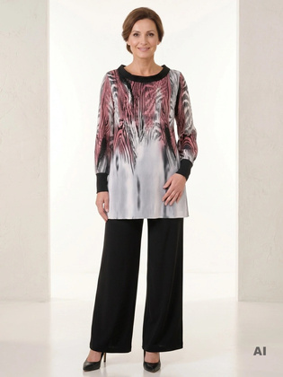 Komplet z tuniką w zwierzęcy print i czarnymi spodniami wide leg – komfortowy fason maskujący sylwetkę 39257