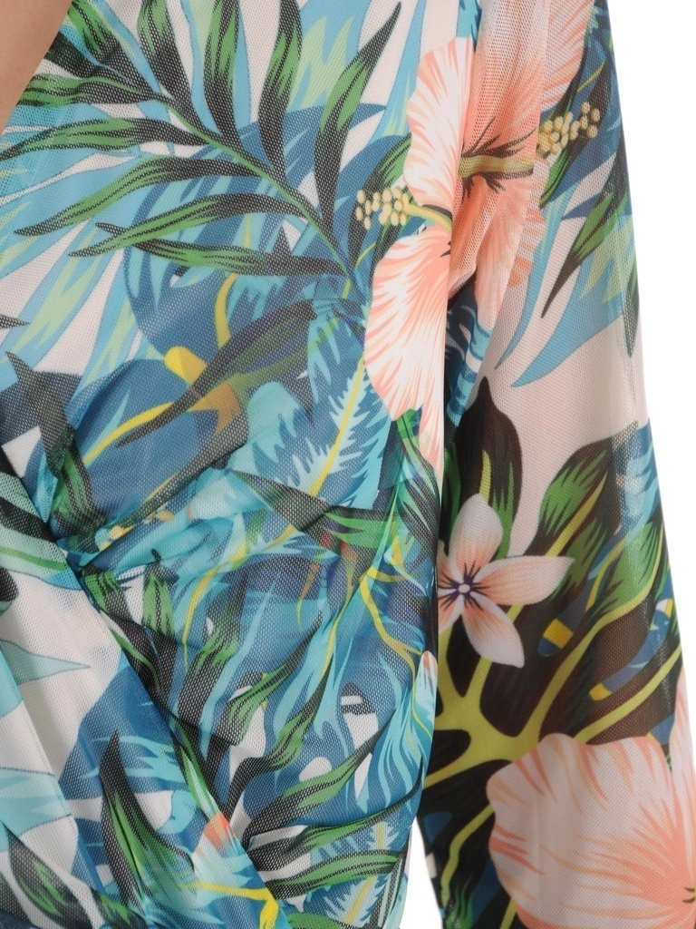 Elegancka zielona sukienka maxi rozkloszowana w kwiaty – wygodna gumka w pasie podkreślająca talię 37957