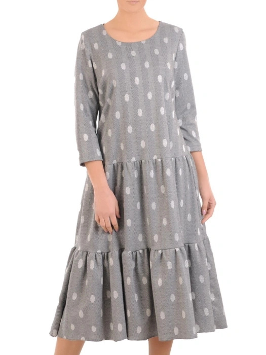 Szara sukienka rozkloszowana maxi w grochy – stylowy model z rękawem 3/4 tuszujący biodra 31249