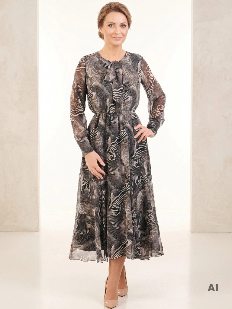 Jesienna sukienka rozkloszowana maxi w zwierzęcy print – kobiece wiązanie pod szyją i swobodny krój 30845