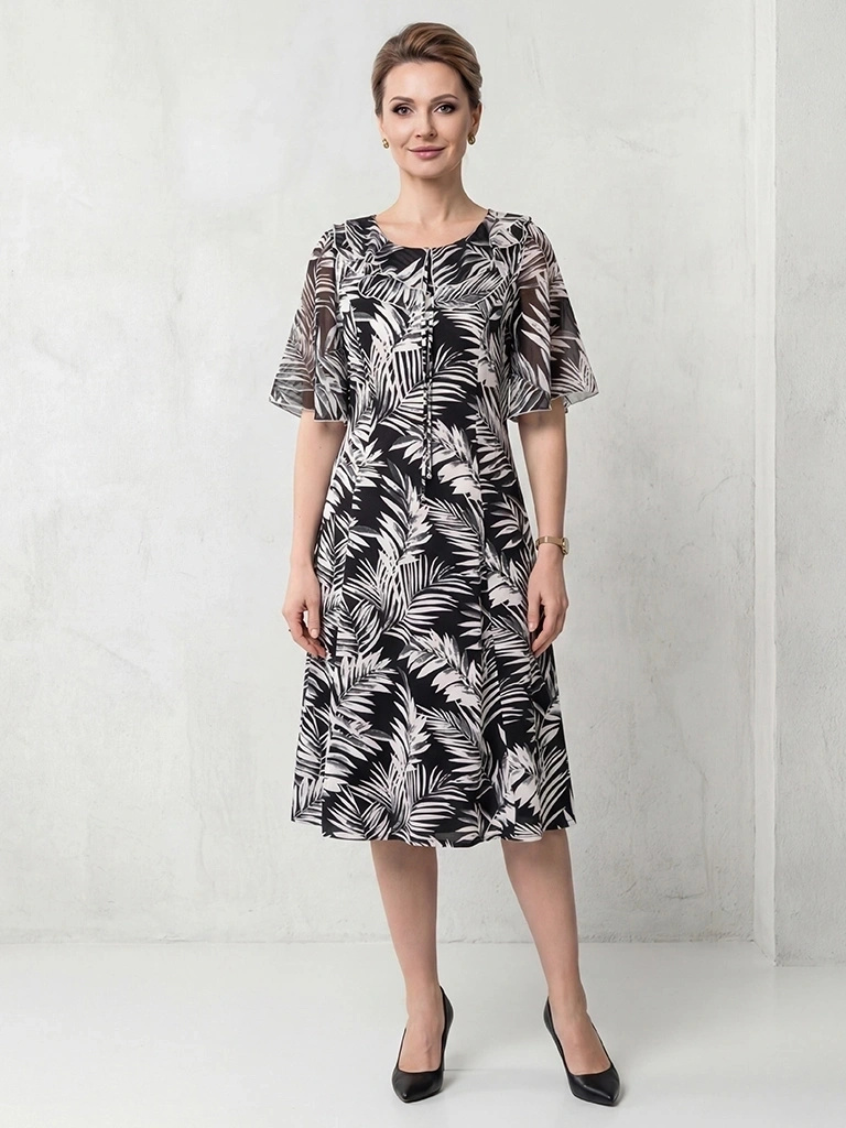 Czarna rozkloszowana sukienka midi w liście – elegancki fason z wiązaniem przy dekolcie 35965