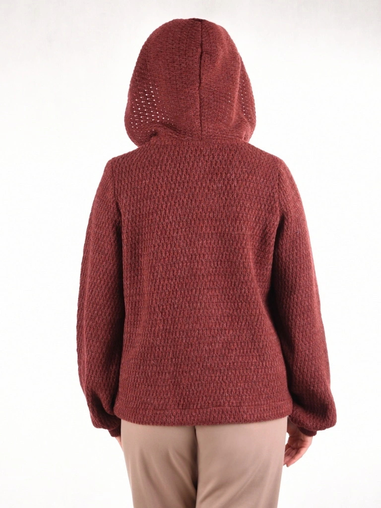 Elegancki sweter damski rozpinany w kolorze bordo – prosty krój z kapturem na chłodne dni 42173
