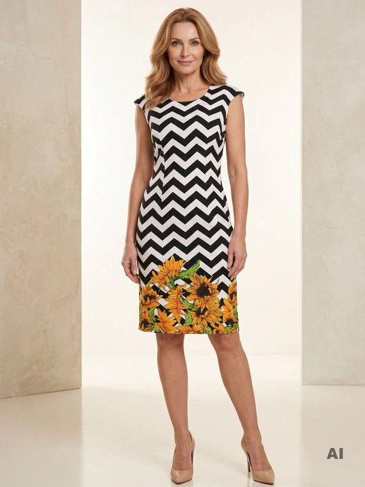 Elegancka czarna sukienka midi w kwiaty bez rękawów – prosty krój z wysmuklającymi zaszewkami 14896