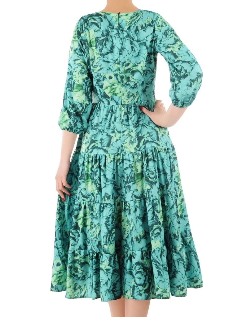 Elegancka zielona sukienka rozkloszowana w kwiaty – kobiecy fason midi na jesień 35490
