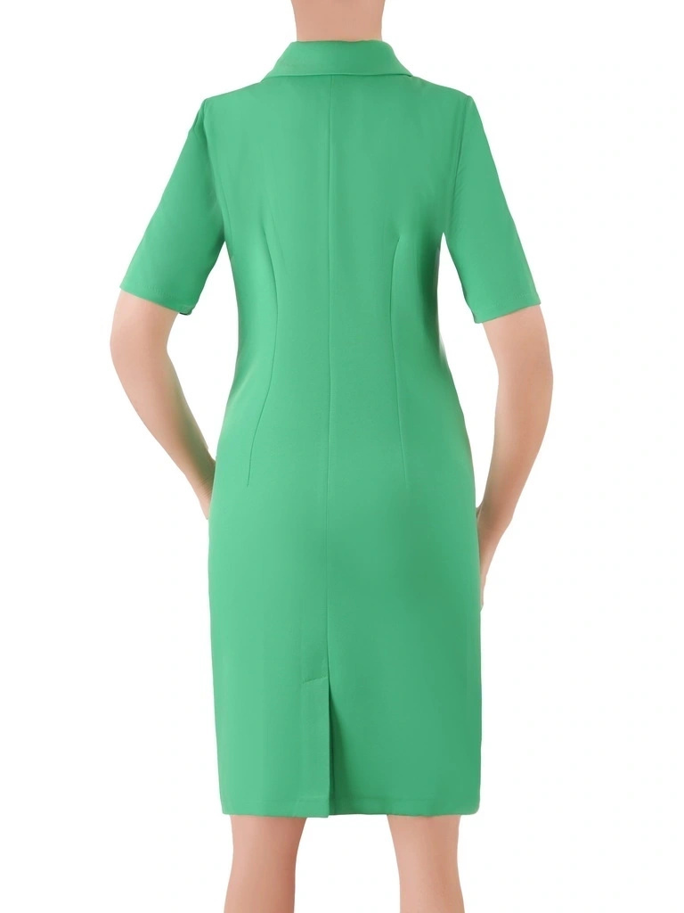 Elegancka zielona sukienka kopertowa midi – pionowe zaszewki wyszczuplające sylwetkę 36236
