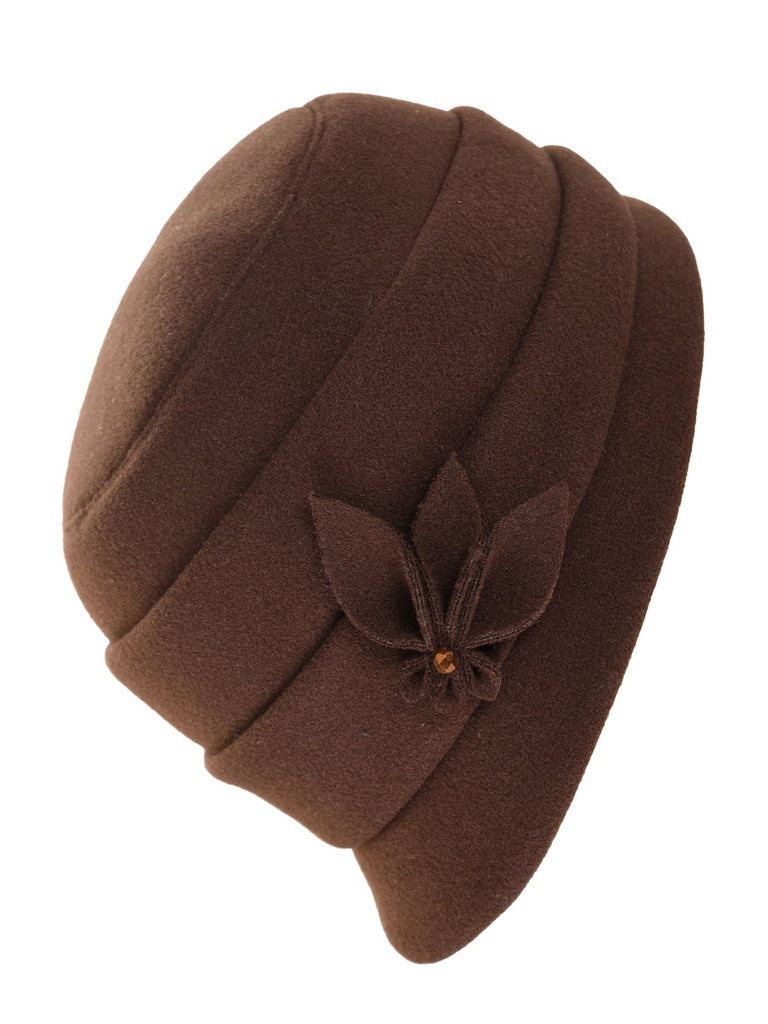 Ciemnobrązowy kapelusz damski cloche na jesień – elegancki model z ozdobną wstawką i ociepleniem 42436