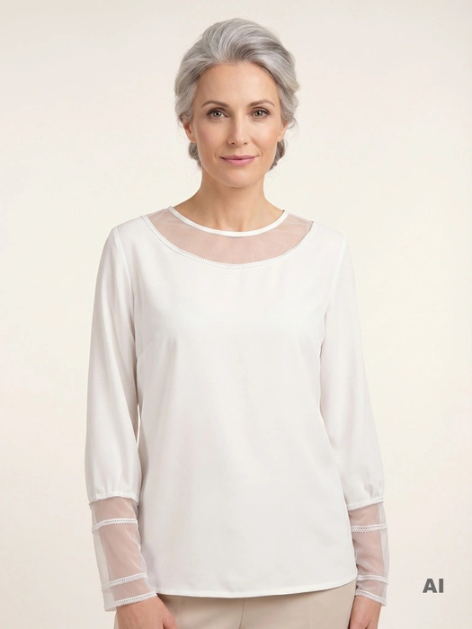 Elegancka bluzka biała z tiulowym karczkiem i mankietami – wysmuklająca sylwetkę, idealna do biura 31685