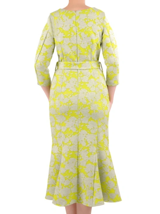 Szaro-limonkowa sukienka midi syrenka z godetami – pasek akcentujący talię i elegancki krój 35183