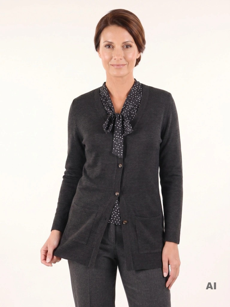 Elegancki sweter damski rozpinany w szarym odcieniu – prosty fason z dekoltem w serek na chłodne dni 40637