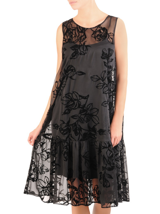 Wizytowa, czarna sukienka bez rękawów z motywem kwiatowym 30575