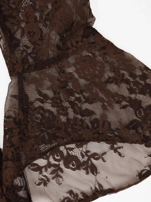 Elegancka sukienka trapezowa w kwiaty brązowa – swobodny krój tuszujący biodra z efektownym tyłem 42112