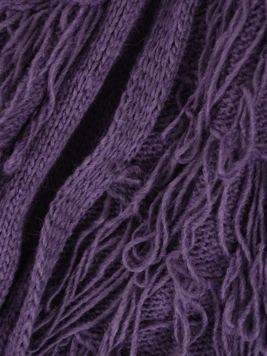 Elegancki sweter damski rozpinany w kolorze fioletowym – luźny fason z modnymi frędzlami 40461