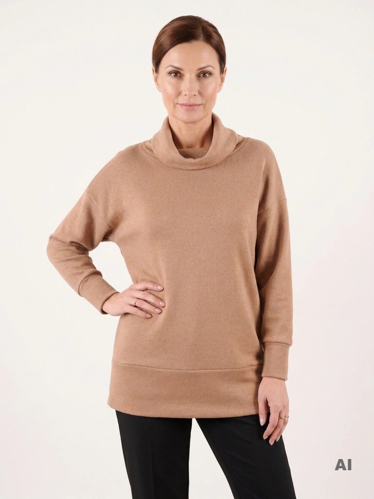 Elegancki sweter damski z golfem prosty beżowy – ciepły fason z kieszeniami na jesień i zimę 39097