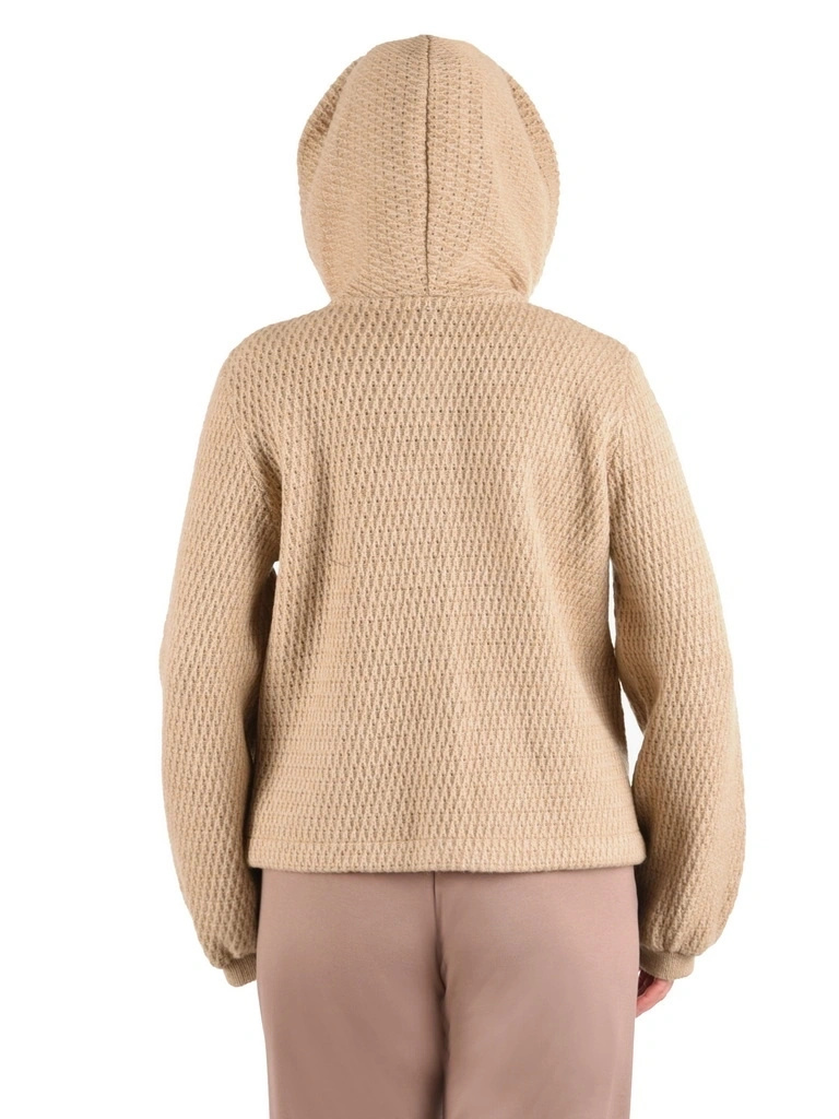 Elegancki sweter damski na suwak w odcieniu beżowym – prosty krój z kapturem i bufiastym rękawem 42177