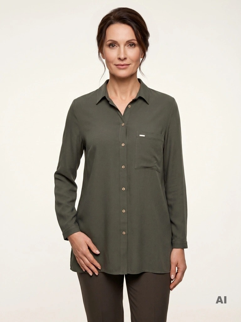 Elegancka wiskozowa koszula damska khaki – prosty krój z kieszenią maskujący biodra 39137