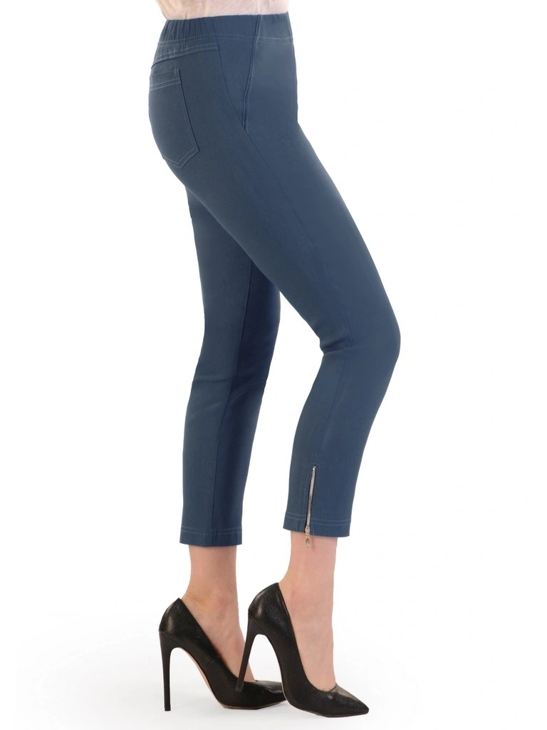Eleganckie niebieskie spodnie damskie na gumce – dopasowany fason ze stylowymi suwakami 34875