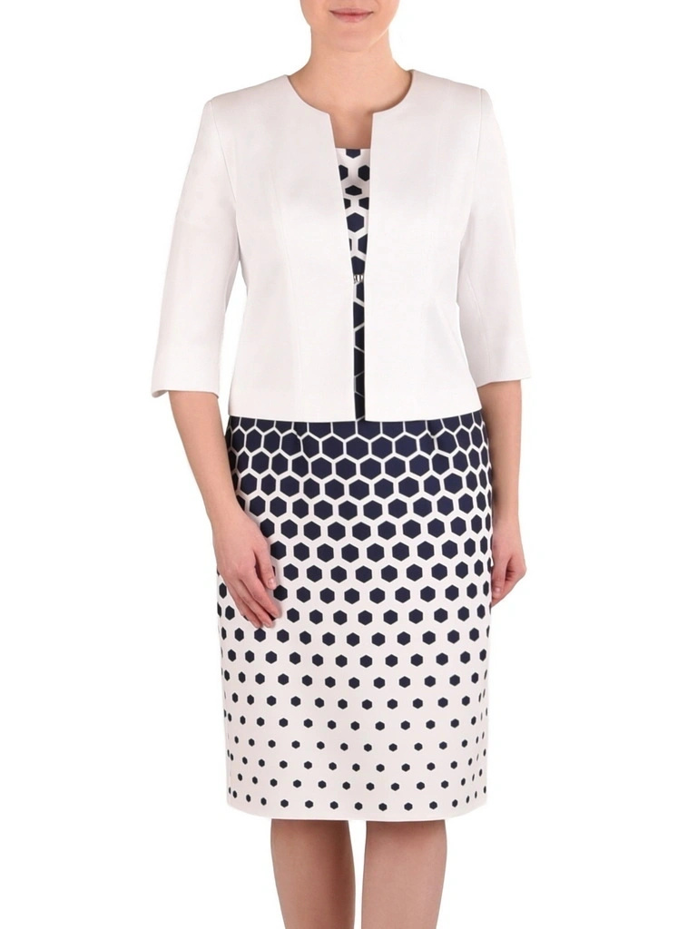 Elegancka sukienka midi w kontrastowy print o prostym kroju – wysmuklająca sylwetkę kreacja do biura 41544