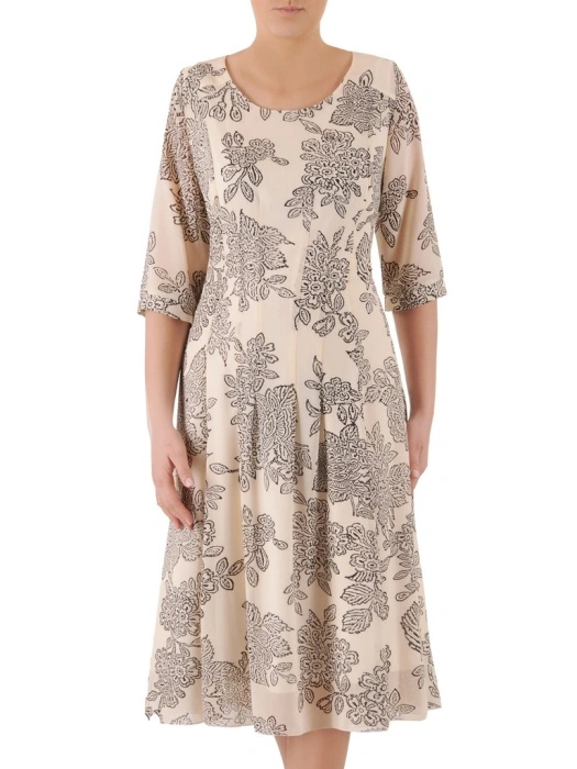 Kobieca sukienka rozkloszowana maxi w kwiaty – elegancki fason wysmuklający sylwetkę z rękawem 3/4 39329