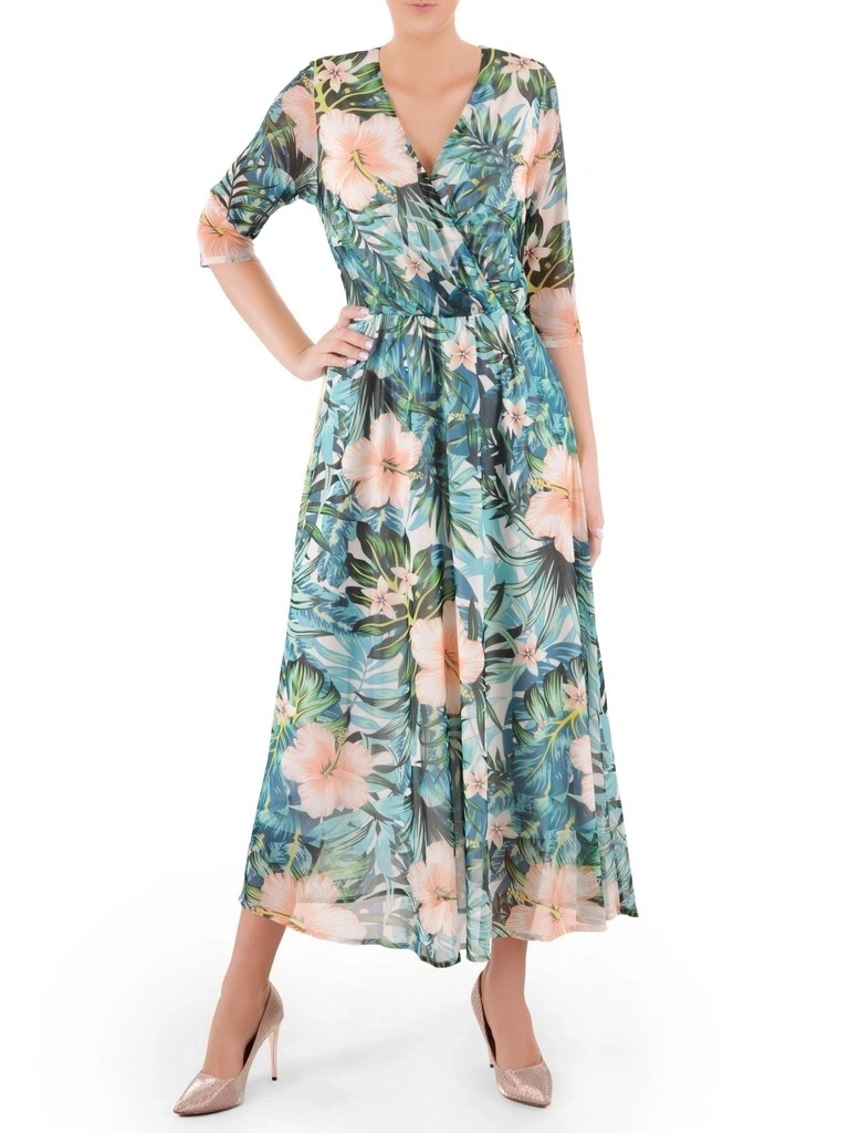 Elegancka zielona sukienka maxi rozkloszowana w kwiaty – wygodna gumka w pasie podkreślająca talię 37957