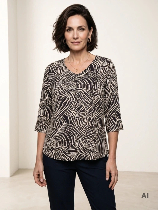 Czarna bluzka plus size w print zebry z dekoltem V – prosty krój optycznie wysmuklający 40846