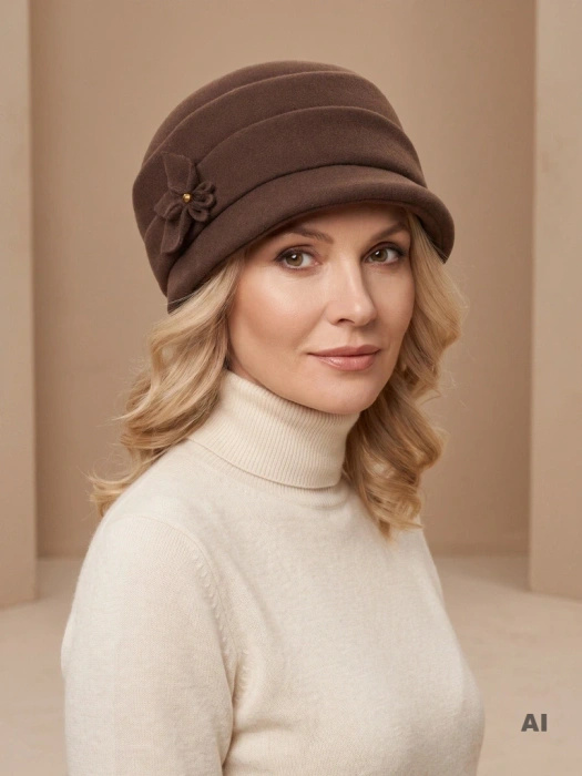 Ciemnobrązowy kapelusz damski cloche na jesień – elegancki model z ozdobną wstawką i ociepleniem 42436