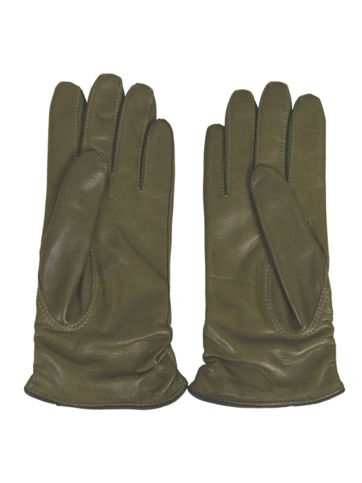Skórzane rękawiczki damskie khaki z marszczeniem – ocieplany model na jesień i zimę 42639