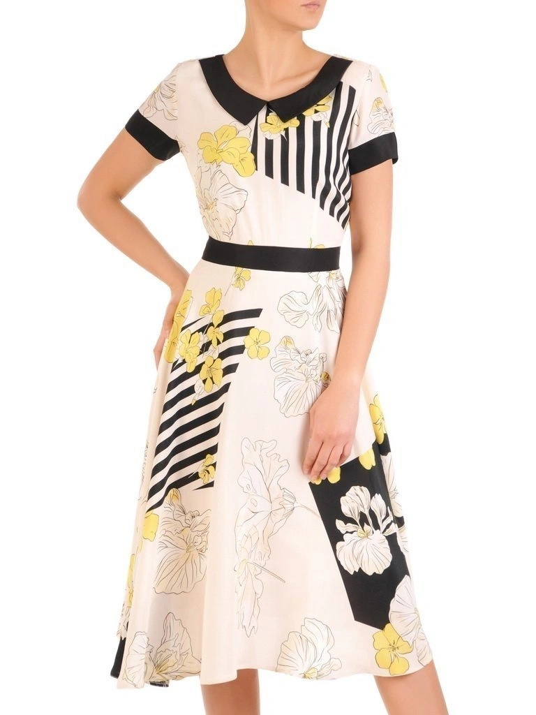 Kobieca sukienka rozkloszowana w kwiatowy deseń midi – elegancki kołnierzyk i krój modelujący sylwetkę 29841
