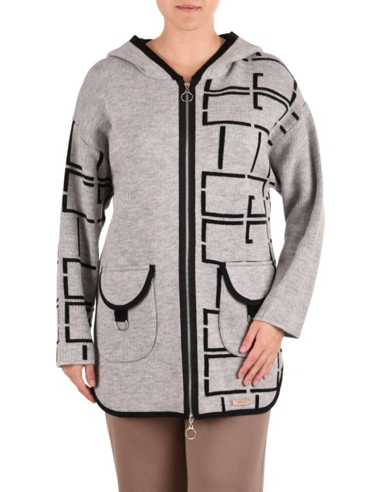 Elegancki szary sweter damski na zamek – prosty fason z kapturem zapewniający pełną wygodę 42153