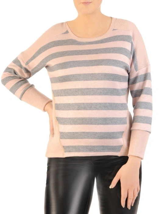 Elegancki sweter damski w paski beżowo-szary – prosty fason ze wstawkami wyszczuplającymi 34824