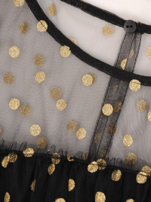 Tiulowa sukienka w złote groszki, luźna kreacja z falbanami 23537