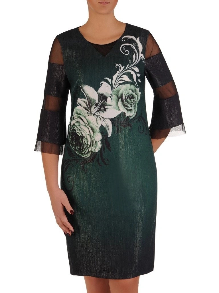 Zielona wizytowa sukienka tuba w kwiaty – tiulowe rękawy i dopasowany krój 18469