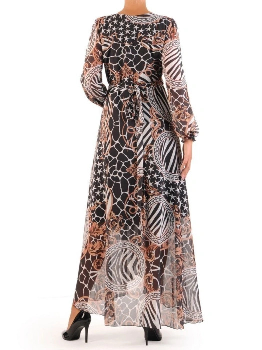 Jesienna sukienka rozkloszowana maxi w zwierzęcy wzór – wiązanie w pasie modelujące figurę 30021