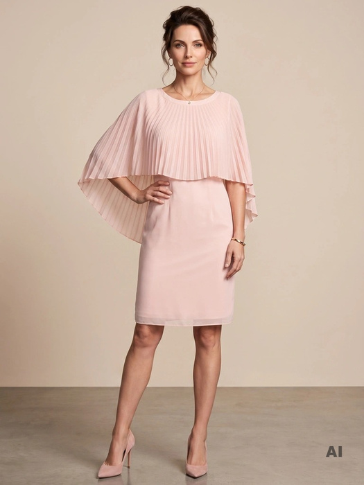 Elegancka sukienka wizytowa w pudrowym różu – prosty fason z warstwową narzutką 26407