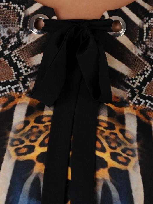 Elegancka sukienka trapezowa w zwierzęcy print – maskujący biodra fason z rękawem 3/4 18482