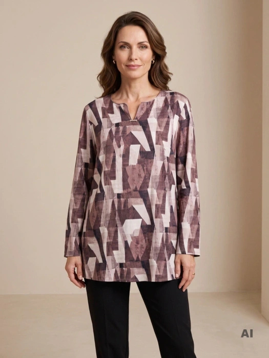 Wiskozowa bluzka wizytowa w tonacji beżu i brązu – prosty krój z efektownym dekoltem 41078