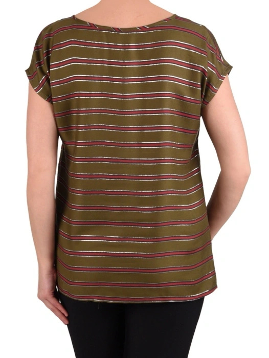 Elegancka bluzka wiskozowa w paski khaki – prosty fason ze srebrną nitką 41443