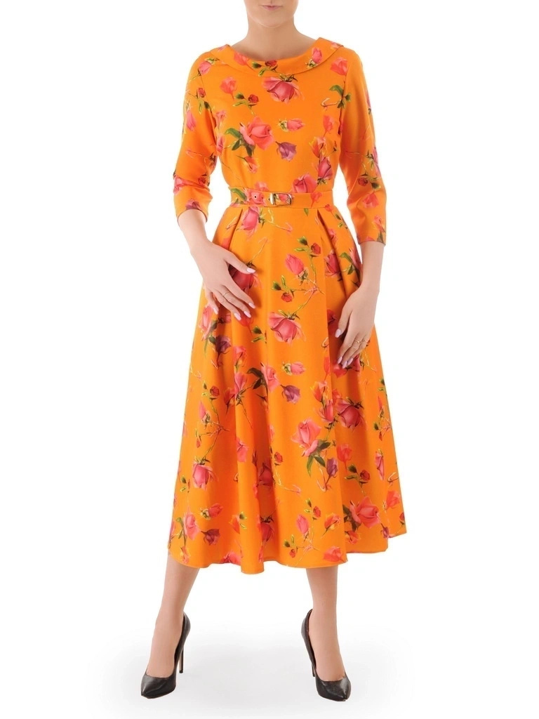 Pomarańczowa sukienka rozkloszowana maxi w kwiaty – elegancki krój z rękawem 3/4 i kontrafałdami 38025