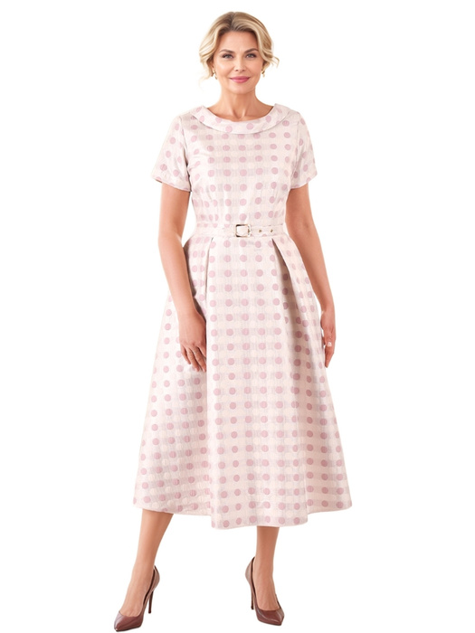 Rozkloszowana sukienka maxi w groszki z żakardowej tkaniny – elegancka propozycja na wesele i komunię 39876