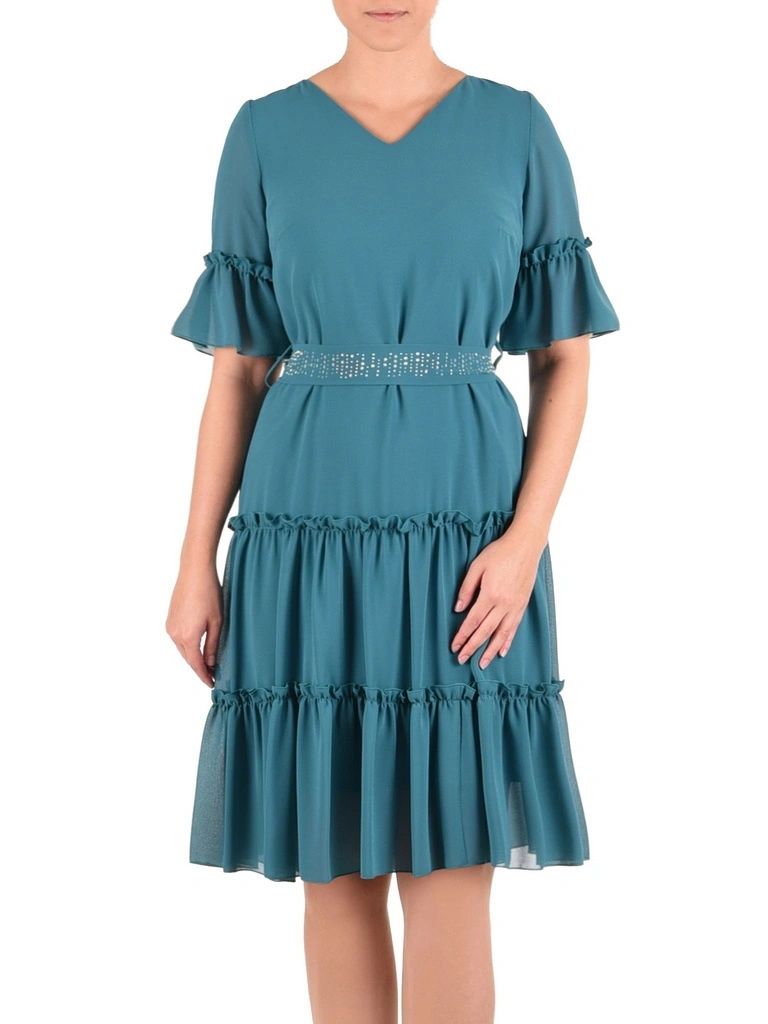 Elegancka morska sukienka midi w serek – rozkloszowana z falbanami i paskiem 25987