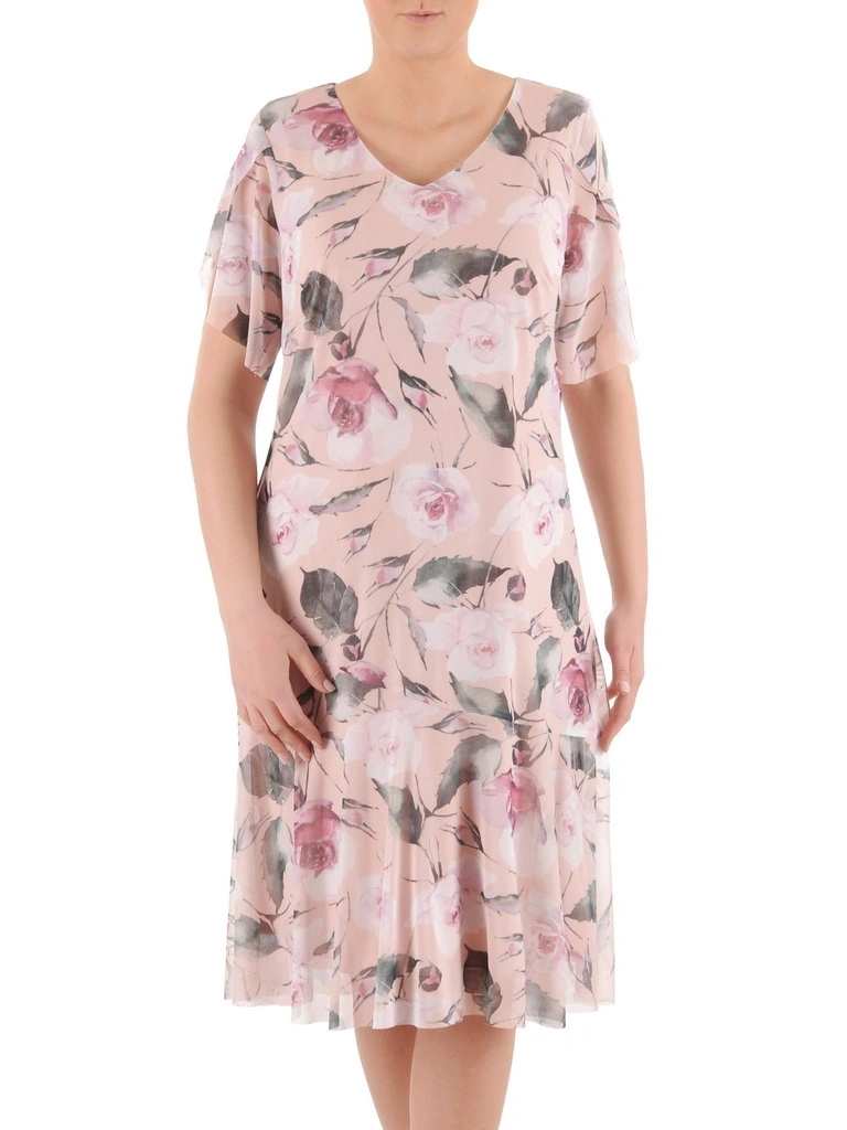 Elegancka sukienka trapezowa midi w botaniczny print – subtelny dekolt w serek wysmuklający sylwetkę 39559