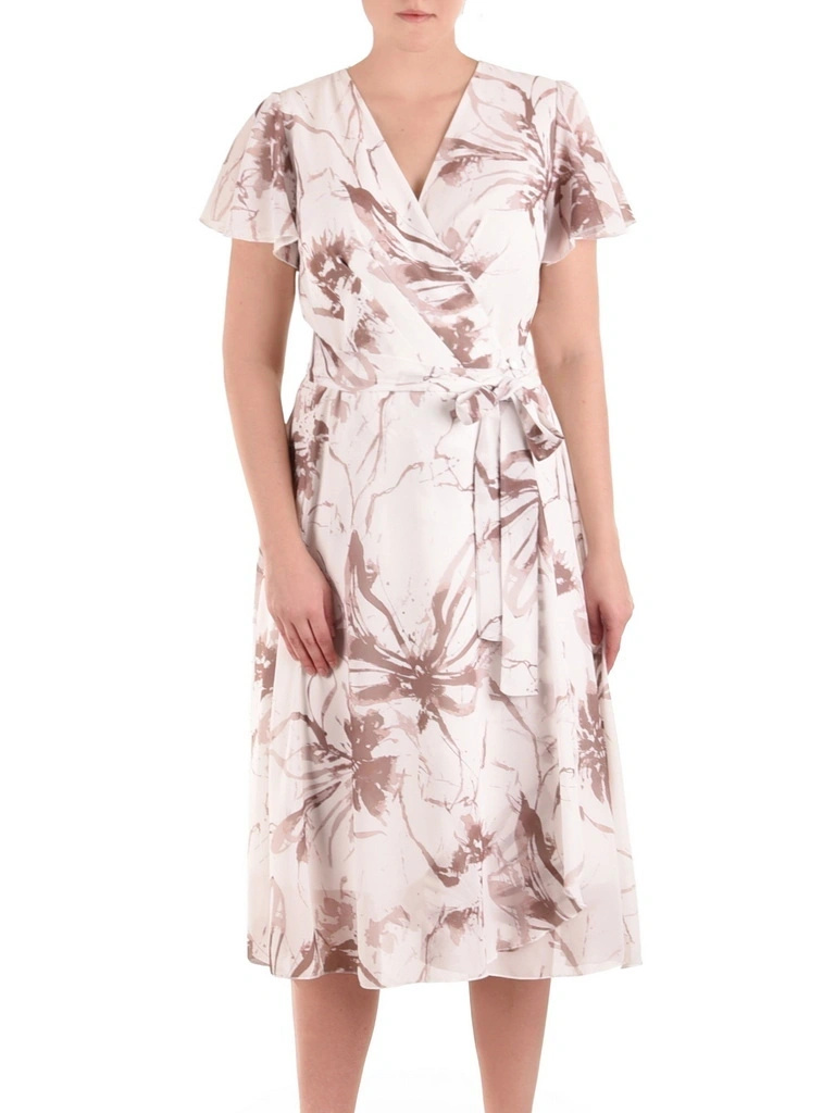 Elegancka sukienka midi rozkloszowana w odcieniach beżu – wysmuklający fason z kopertowym dekoltem 41765