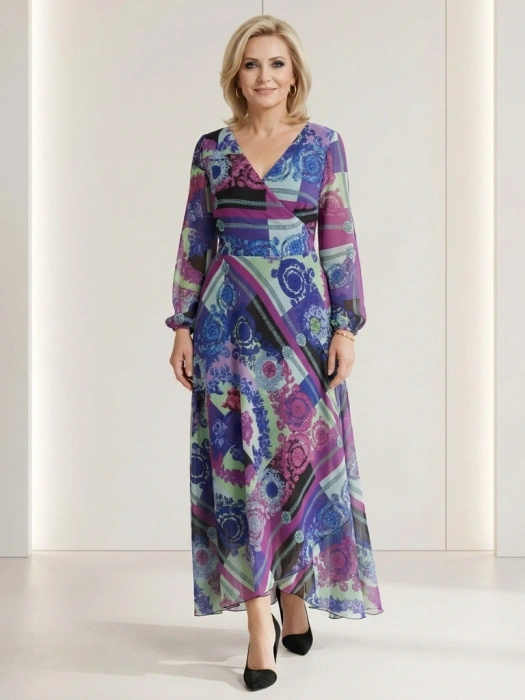 Elegancka wzorzysta sukienka maxi – kopertowy krój z wiązaniem podkreślającym talię 34541